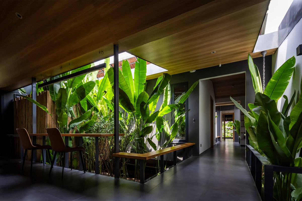 Từ bên trong, gia chủ có thể trải nghiệm những sắc thái luôn thay đổi của thiên nhiên suốt cả ngày và các mùa, nhờ vào không gian xanh phong phú được trang trí bằng nhiều loại thực vật, luôn tràn ngập ánh sáng, mưa và gió tự nhiên.