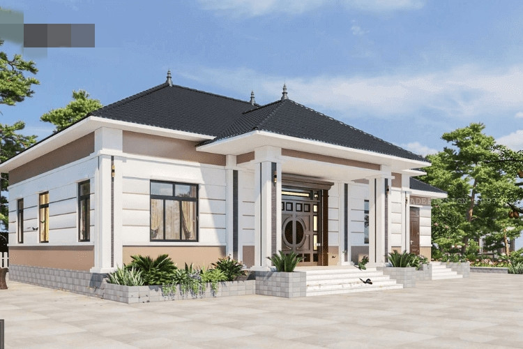 Mẫu nhà mái Nhật 1 tầng hiện đại có hệ thống bồn hoa trước nhà. Ảnh: Tostem