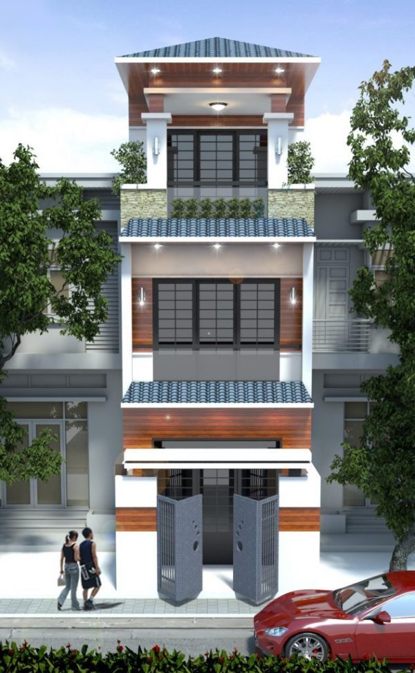 Mẫu nhà mái Nhật 3 tầng thiết kế đơn giản, loại bỏ đi hoàn toàn các chi tiết cầu kỳ, chỉ thể hiện những đường nét khoẻ khoắn. Ảnh: Wedo