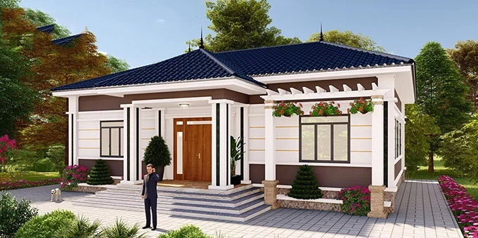 Nhà vườn mái Nhật có điểm nhấn là đường kẻ chỉ sơn màu nổi bật so với tone vàng nhạt. Hệ cột, cột giả ở các góc tạo sự chắc chắn cho công trình. Ảnh: Nhadepktv