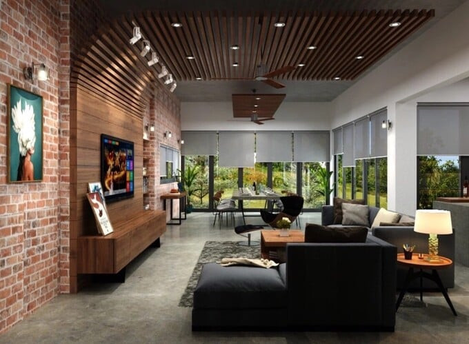 Để không gian sống gần gũi với thiên nhiên, các phòng chức năng trong căn nhà phần lớn được thiết kế mở với hệ cửa kính lớn. Ảnh: Dân trí