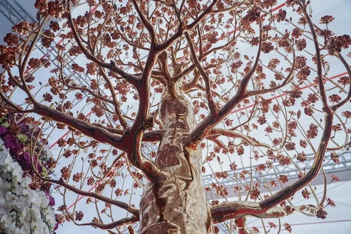 Cây đào mạ vàng 24K toàn thân gồm 789 bông hoa, 808 nụ nhỏ, 13 cành chính và 243 cành phụ, tổng 508 lá. Ảnh: Znews