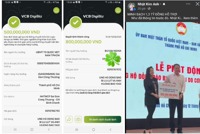 Tham gia cứu trợ người dân bị ảnh hưởng sau cơn bão số 3, diễn viên Nhật Kim Anh cho biết đã ủng hộ số tiền 1,3 tỷ đồng. Trong đó, 500 triệu chuyển vào tài khoản của Mặt trận Tổ quốc TP HCM và 800 triệu đồng chuyển khoản cho MC Đại Nghĩa. Ảnh: Dân Việt