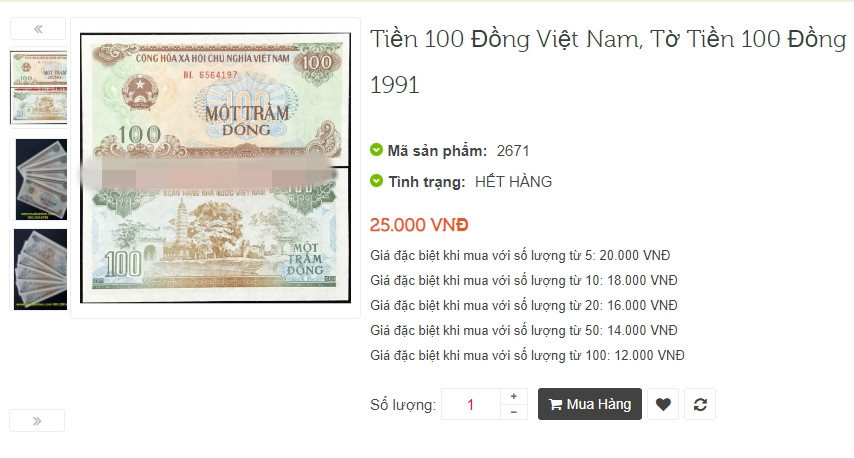 Hiện tại, tờ tiền 100 đồng được bán với tư cách cổ vật, có giá tiền gấp hàng trăm lần mệnh giá gốc. Ảnh chụp màn hình