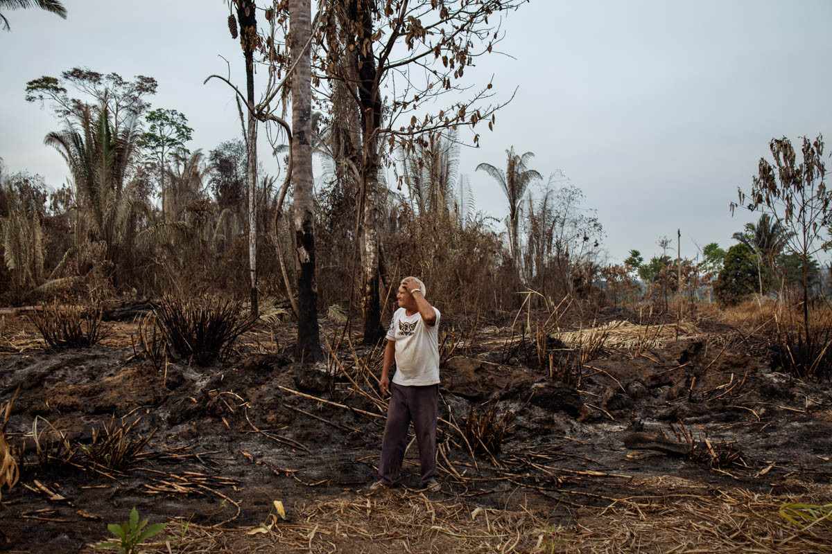 Ông Jelson đứng trước cánh đồng sắn đã bị thiêu rụi do đám cháy rừng ở tỉnh Porto Velho.