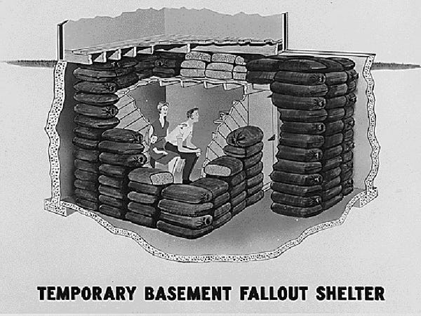 Trong thời kỳ này, căng thẳng giữa Mỹ và Liên Xô dâng cao khi các cuộc chiến ủy nhiệm xảy ra trên khắp thế giới cùng với sự hiện diện của mối đe dọa chiến tranh hạt nhân. Bộ Quốc phòng Mỹ phát tờ rơi như thế này để hướng dẫn các gia đình cách tự bảo vệ tốt nhất trong trường hợp chiến tranh hạt nhân bùng nổ.
