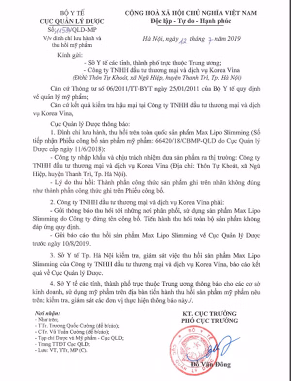 My pham giam beo Max Lipo Slimming bi thu hoi chat luong kem the nao?