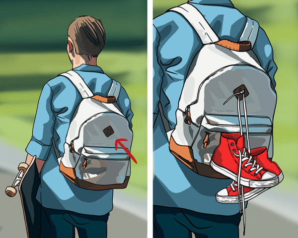 Hình vuông may sẵn trên ba lô không phải để trang trí. Nó sẽ phát huy tác dụng khi cần mang theo đồ vật không tiện đặt trong túi. Lúc này, bạn chỉ cần treo chúng lên phần ô vuông.