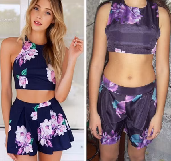 Bộ đồ mẫu mặc rất tôn dáng, không ngờ nó lại “biến hình”, mặc lên người cô gái trở thành đồ ngủ. Đã vậy, người ta còn chẳng buồn gửi cho chiếc váy, thay vào đó là mẫu quần nhăn nhúm, già nua.