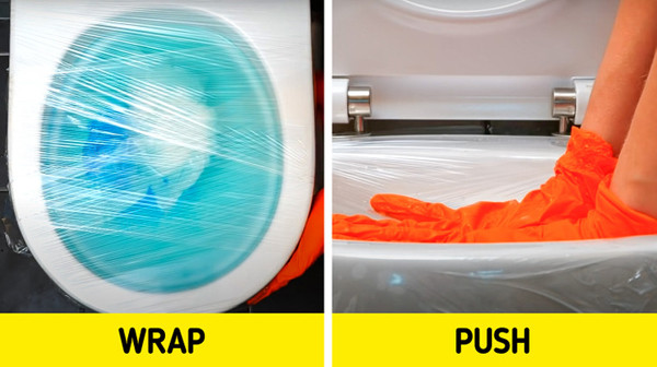 Dùng màng bọc thực phẩm thông bồn cầu. Bồn cầu tắc thực sự là điều ám ảnh với nhiều người. Nếu trong nhà không có sẵn dụng cụ thông tắc, bạn có thể tận dụng màng bọc thực phẩm để cải thiện. Lúc này, bạn dùng màng bọc thực phẩm quấn chặt miệng bồn, ngăn không khí lọt vào trong rồi xả nước. Khi màng bọc bắt đầu nâng lên, bạn dùng lực đẩy xuống để thông tắc.