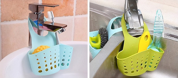 Giỏ treo bồn rửa. Giỏ treo kiểu này thường dùng để đựng khăn lau bát đĩa, bàn chải, nhùi sắt. Tuy nhiên, bạn nên cân nhắc trước khi quyết định mua chúng. Giỏ thường được làm từ chất liệu dẻo. Ở gần vòi nước độ ẩm cao khiến chúng rất dễ bị mốc gây hại. Mặt khác, không gian trong giỏ nhỏ hẹp, rất hiếm khi được hong khô nên vi khuẩn sẽ dễ dàng phát triển.