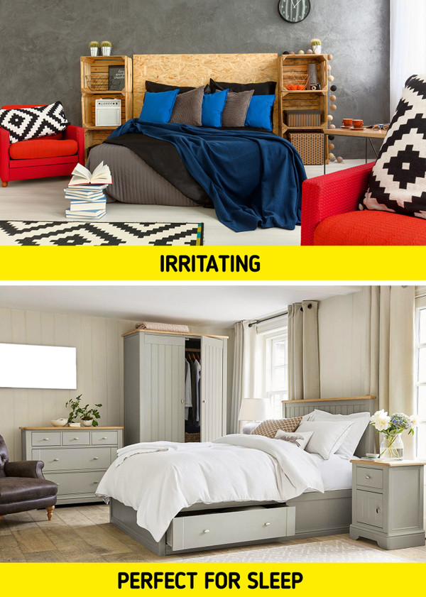 Màu sắc chói lóa. Bước vào căn phòng được sơn màu sắc, nhiều đồ vật hoặc treo những bức tranh uy nghiêm sẽ khiến não bộ hưng phấn, khó có thể nghỉ ngơi hoàn toàn. Điều này thực sự bất lợi để đi vào giấc ngủ sâu.