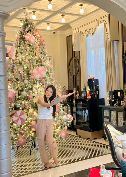 Em gái thích thú trước cây thông lớn tại biệt thự của Đoàn Di Băng. Ảnh: FBNV.