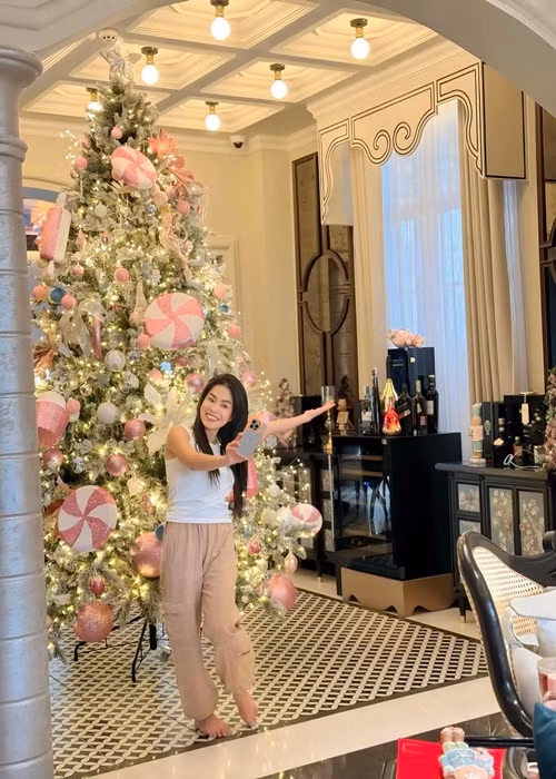 Em gái thích thú trước cây thông lớn tại biệt thự của Đoàn Di Băng. Ảnh: FBNV.