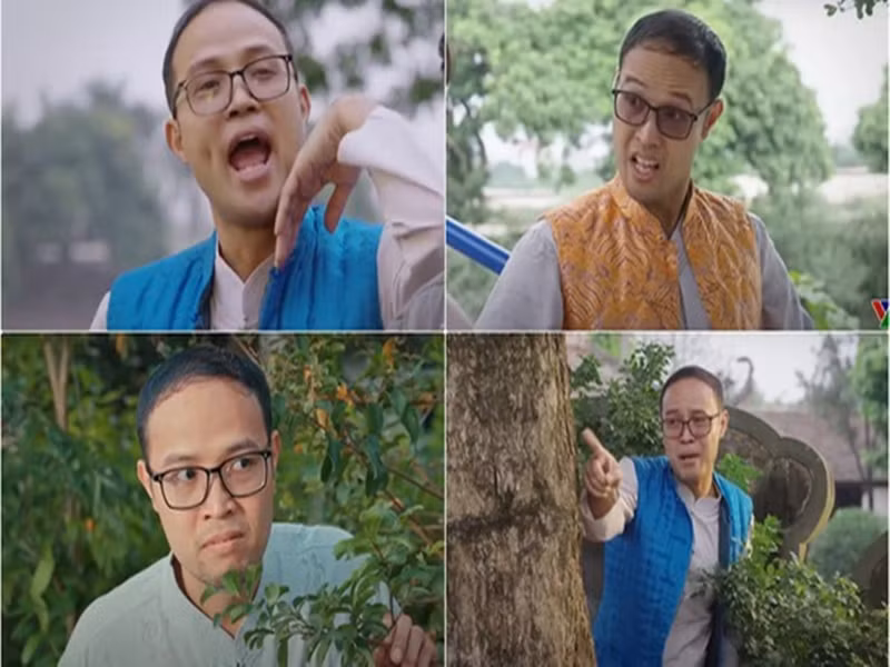 Trong Dưới bóng cây hạnh phúc, Thái Sơn đóng vai Tú ẻo lả, đanh đá. Vai diễn thuộc tuyến phụ nhưng đầy màu sắc. Thái Sơn chia sẻ trên VTV, anh là nghệ sĩ chèo nên có thể đem sở trường hát chèo, chầu văn, xẩm hay quan họ... để lồng vào mỗi phân đoạn mình xuất hiện. Nam diễn viên nhớ ở phân cảnh Tú uống rượu cùng Tố sau khi Tố vừa bị Tơ lừa tiền, Thái Sơn chủ động xin đạo diễn cho phép biến lời thoại tâm sự với Tố thành câu hát. Ảnh: VTV.