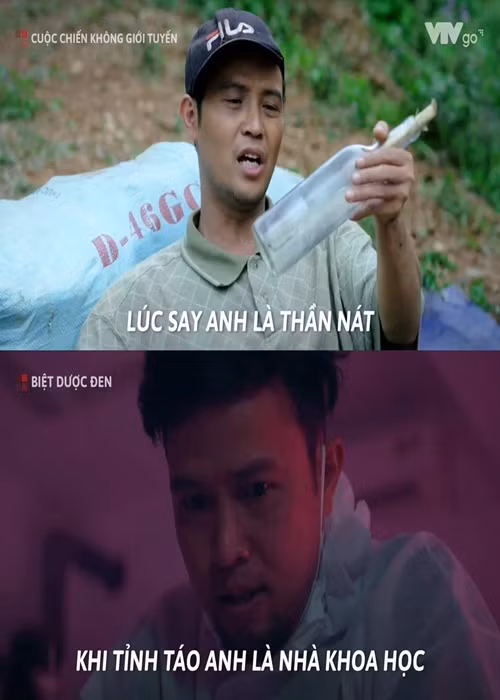 Trong Cuộc chiến không giới tuyến, anh vào vai A Rể nát rượu, còn ở Biệt dược đen, Thái Sơn vào vai Điều - một người điều chế nước khoái, một kẻ sát nhân. Ảnh: FBNV.