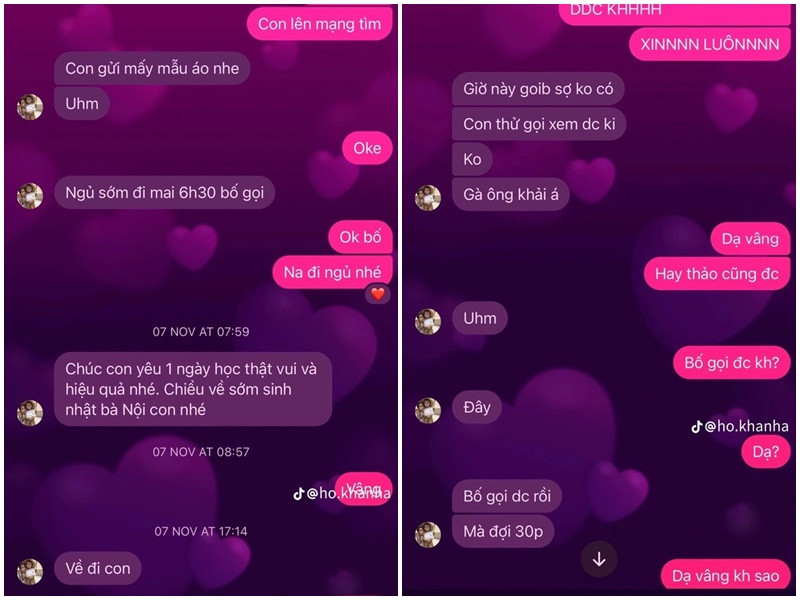 Tháng 11/2023, bé Mina - con gái đầu lòng của Hồ Hoài Anh - Lưu Hương Giang chia sẻ loạt tin nhắn với bố. Có thể thấy, Hồ Hoài Anh rất chiều chuộng các con. Ảnh: Phụ Nữ Số.