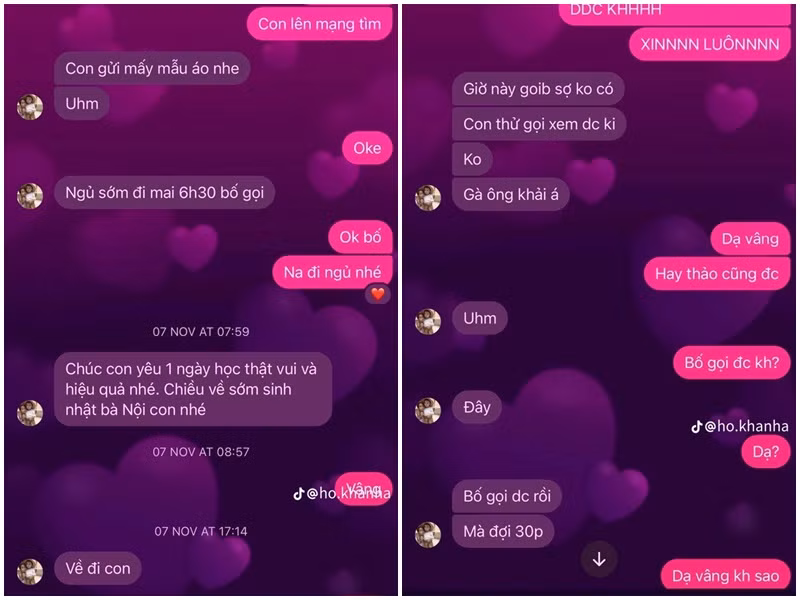 Tháng 11/2023, bé Mina - con gái đầu lòng của Hồ Hoài Anh - Lưu Hương Giang chia sẻ loạt tin nhắn với bố. Có thể thấy, Hồ Hoài Anh rất chiều chuộng các con. Ảnh: Phụ Nữ Số.