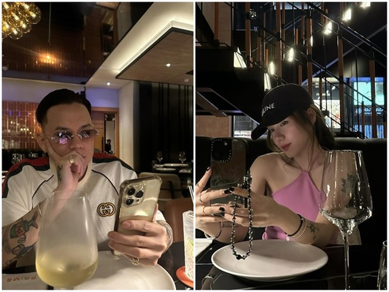 Hồi tháng 6/2023, tin đồn hẹn hò của rapper Andree và Phương Ly rộ lên sau khi cả hai đăng tải hình ảnh ăn tối có bối cảnh khá giống nhau cũng như kính mắt của Andree có hình một cô gái mặc áo hồng, đội mũ đen giống Phương Ly. Ảnh: FBNV.