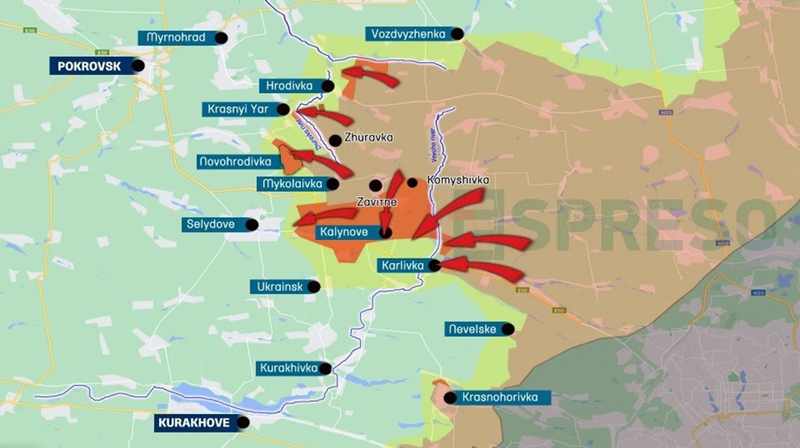 Làng Pokrovsk là trung tâm hậu cần lớn nhất của cụm phía đông Quân đội Ukraine. Một khi bị mất, Quân đội Ukraine sẽ gặp rắc rối lớn trong việc phân phối vật chất và tiếp tế ở khu vực Donbas. Mặt trận Pokrovsk là sự tiếp nối của cuộc giao tranh sau khi Quân đội Ukraine rút khỏi Avdiivka vào tháng 2 năm nay. Ảnh: Espreso.tv.