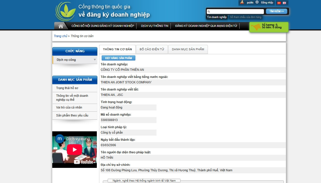 Hiện Công ty Thiên An có vốn điều lệ 500 tỷ đồng, có địa chỉ tại số 108 đường Phùng Lưu, phường Thủy Dương, TX Hương Thủy, tỉnh Thừa Thiên - Huế. (Ảnh chụp màn hình).