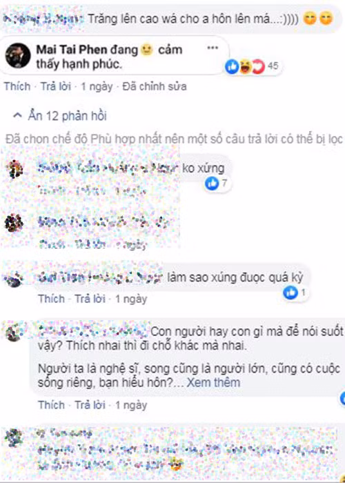 Chuyện Mai Tài Phến bị đồn hẹn hò Mỹ Tâm đến nay vẫn gây tranh cãi. Có không ít cư dân mạng cho rằng nam ca sĩ không xứng với họa mi tóc nâu. Được biết, khi lên tiếng về nghi vấn tình cảm, Mỹ Tâm đã gửi lời xin lỗi đến đàn em kém 10 tuổi vì đi chung với cô mà nhận phải những ý kiến trái chiều.