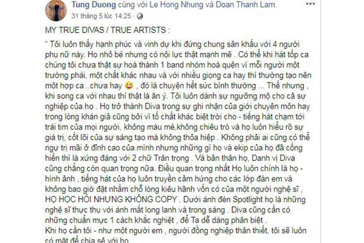 Ngoài Mỹ Linh, Tùng Dương cũng nêu quan điểm về từ "diva" giữa ồn ào của Thu Minh. Trên trang cá nhân, nam ca sĩ nói về danh xưng này qua việc khen ngợi bộ tứ diva Việt gồm Mỹ Linh, Hồng Nhung, Thanh Lam và Trần Thu Hà. Ảnh: FBNV