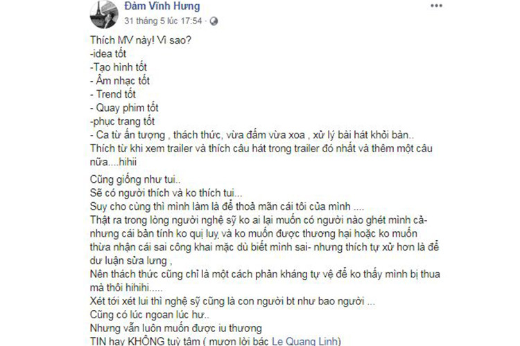 Trong số sao Việt ủng hộ Thu Minh có Đàm Vĩnh Hưng. Trên trang cá nhân, Mr Đàm thích MV mới của Thu Minh. "Ca từ ấn tượng, thách thức, vừa đấm vừa xoa", Đàm Vĩnh Hưng nhận xét. Ảnh: FBNV