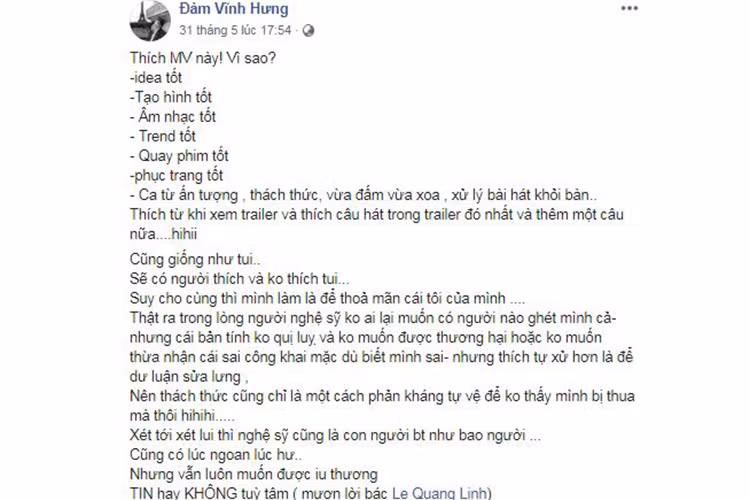 Trong số sao Việt ủng hộ Thu Minh có Đàm Vĩnh Hưng. Trên trang cá nhân, Mr Đàm thích MV mới của Thu Minh. "Ca từ ấn tượng, thách thức, vừa đấm vừa xoa", Đàm Vĩnh Hưng nhận xét. Ảnh: FBNV