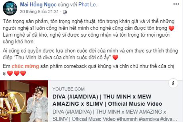 Đông Nhi lại bày tỏ thích thông điệp "Thu Minh là diva của chính cuộc đời cô ấy". Ảnh: FBNV