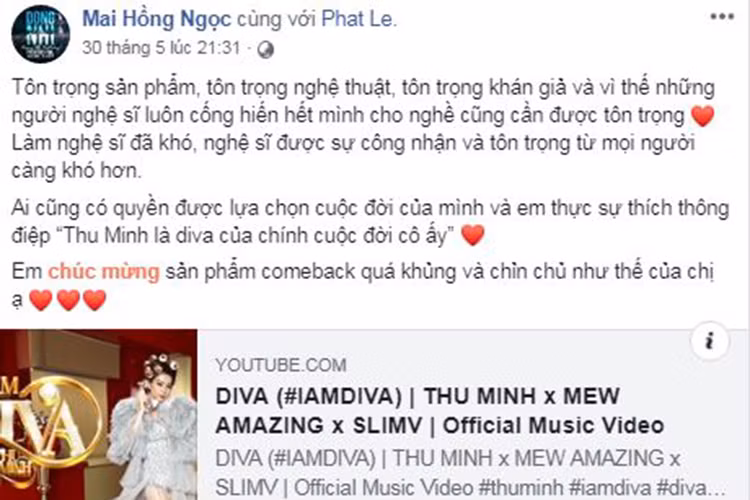 Đông Nhi lại bày tỏ thích thông điệp "Thu Minh là diva của chính cuộc đời cô ấy". Ảnh: FBNV