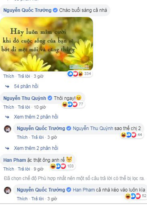 Ngoài fan, Quốc Trường còn tích cực giao lưu với đồng nghiệp, đặc biệt là các bạn diễn trong phim "Về nhà đi con" như Bảo Thanh, Thu Quỳnh, Bảo Hân, Trọng Hùng.