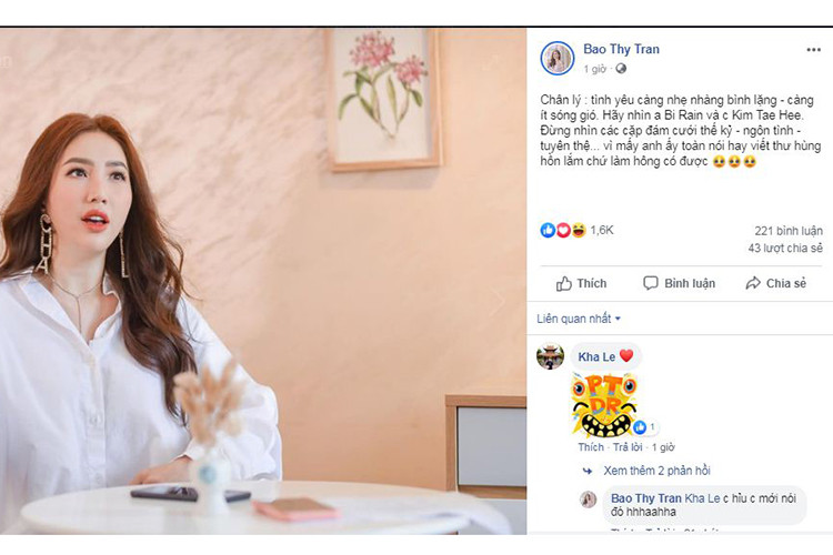 Bảo Thy bày tỏ yêu thích tình yêu bình lặng của Bi Rain và Kim Tae Hee giữa ồn ào ly hôn của Song Hye Kyo và Song Joong Ki.