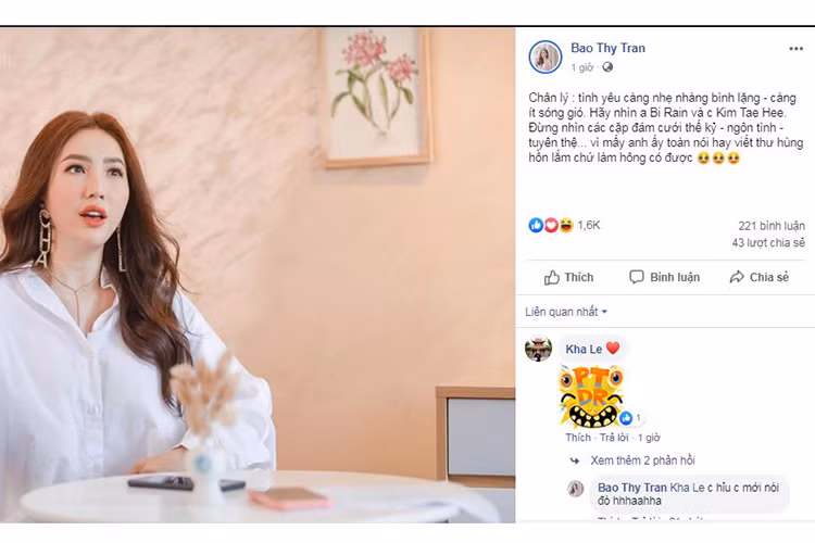 Bảo Thy bày tỏ yêu thích tình yêu bình lặng của Bi Rain và Kim Tae Hee giữa ồn ào ly hôn của Song Hye Kyo và Song Joong Ki.