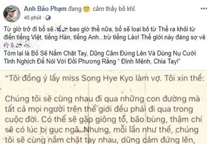 Bảo Anh "Người phán xử" chia sẻ lại lời thề của Song Joong Ki với Song Hye Kyo trong đám cưới đồng thời tuyên bố từ này sẽ không thề thốt.