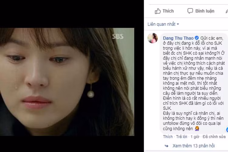 Ở phần bình luận, Thu Thảo nói thêm cô không thích cách hành xử của Song Joong Ki. Nàng hoa hậu cho rằng nếu muốn chia tay nhẹ nhàng thì không nên phát biểu khiến mọi người suy diễn, cụ thể, rất nhiều người chỉ trích Song Hye Kyo đã làm gì có lỗi với Song Joong Ki.