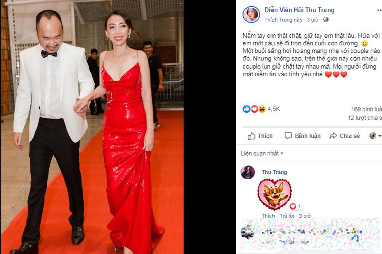 Thu Trang nhắn nhủ người hâm mộ đừng mất niềm tin vào tình yêu khi cặp đôi vàng xứ Hàn ly hôn.