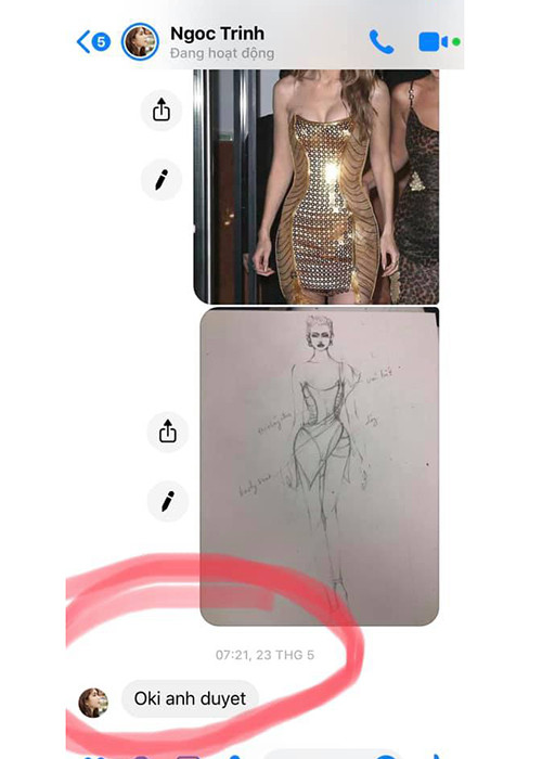Nam thiết kế tung đoạn chat với Ngọc Trinh để việc điều chỉnh độ gợi cảm của chiếc váy bị cho giống đồ bơi. Ảnh: FBNV