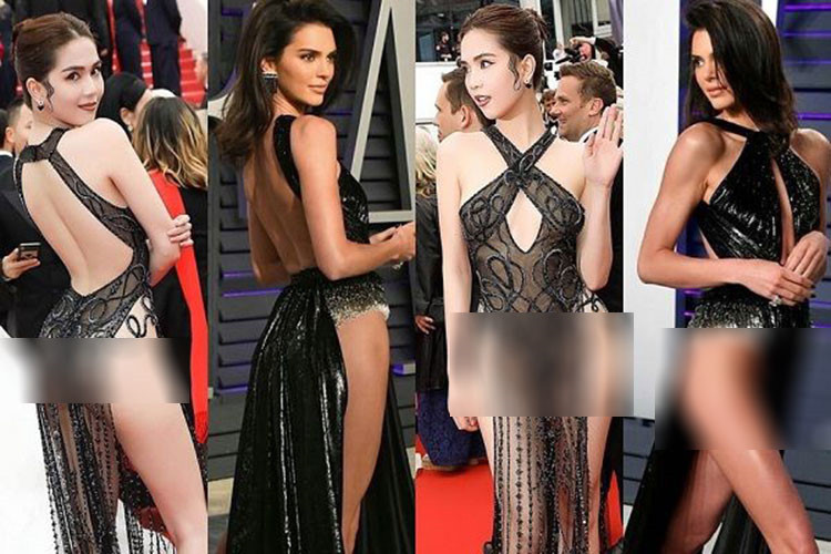 Chiếc đầm Ngọc Trinh mặc khi dự thảm đỏ Cannes 2019 bị nghi nhái thiết kế siêu mẫu Kendall Jenner diện tại tiệc hậu Oscar 2019. Ảnh: Saostar