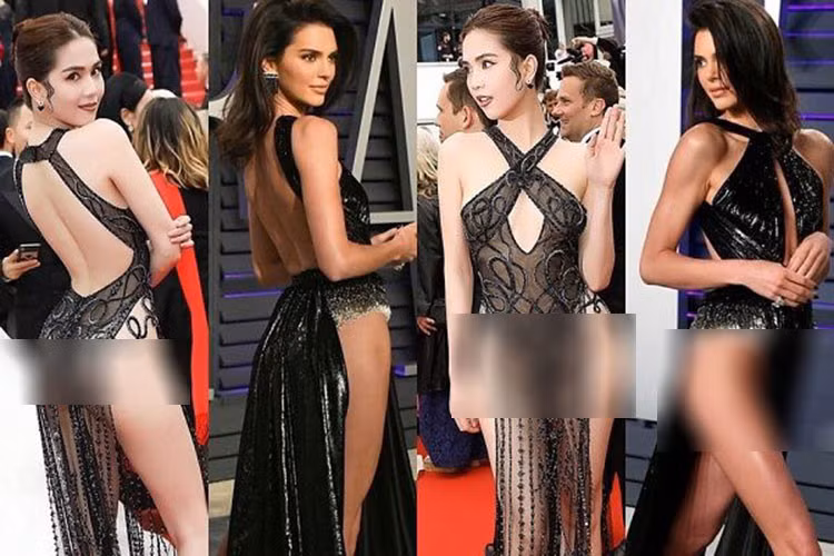 Chiếc đầm Ngọc Trinh mặc khi dự thảm đỏ Cannes 2019 bị nghi nhái thiết kế siêu mẫu Kendall Jenner diện tại tiệc hậu Oscar 2019. Ảnh: Saostar