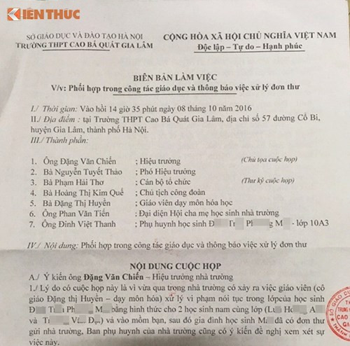 Ngay sau khi xảy ra sự việc, gia đình nữ sinh M. đã gửi đơn tới Ban giám hiệu trường THPT Cao Bá Quát, Ban phụ huynh học sinh, lãnh đạo Công an huyện Gia Lâm (Hà Nội). Đến chiều ngày 8/10/2016, lãnh đạo trường THPT Cao Bá Quát đã có cuộc họp khẩn cấp với đại diện hội cha mẹ học sinh, phụ huynh của cháu P.M. Bên cạnh đó, lãnh đạo trường THPT Cao Bá Quát ký quyết định cảnh cáo trước hội đồng giáo dục nhà trường đối với cô giáo Đặng Thị Huyền, với khuyết điểm: “Không tuân thủ quy trình, quy định chuyên môn nghiệp vụ, đạo đức nghề nghiệp và quy tắc ứng xử gây hậu quả nghiêm trọng, xúc phạm danh dự, nhân phẩm của học sinh trong khi thực hiện hoạt động nghề nghiệp”. Thời gian kỷ luật là 12 tháng kể từ ngày ký quyết định kỷ luật.