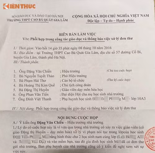 Ngay sau khi xảy ra sự việc, gia đình nữ sinh M. đã gửi đơn tới Ban giám hiệu trường THPT Cao Bá Quát, Ban phụ huynh học sinh, lãnh đạo Công an huyện Gia Lâm (Hà Nội). Đến chiều ngày 8/10/2016, lãnh đạo trường THPT Cao Bá Quát đã có cuộc họp khẩn cấp với đại diện hội cha mẹ học sinh, phụ huynh của cháu P.M. Bên cạnh đó, lãnh đạo trường THPT Cao Bá Quát ký quyết định cảnh cáo trước hội đồng giáo dục nhà trường đối với cô giáo Đặng Thị Huyền, với khuyết điểm: “Không tuân thủ quy trình, quy định chuyên môn nghiệp vụ, đạo đức nghề nghiệp và quy tắc ứng xử gây hậu quả nghiêm trọng, xúc phạm danh dự, nhân phẩm của học sinh trong khi thực hiện hoạt động nghề nghiệp”. Thời gian kỷ luật là 12 tháng kể từ ngày ký quyết định kỷ luật.