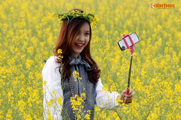 Nụ cười rạng rỡ của cô gái xinh đẹp trên cánh đồng cải vàng làm say đắm lòng người.