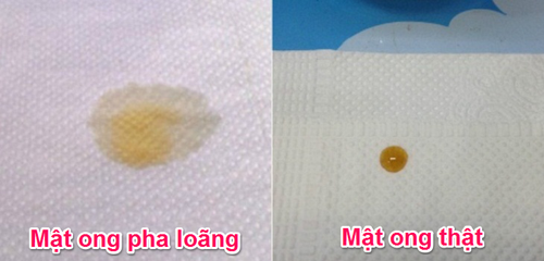 Tương tự, nhỏ một giọt lên khăn ăn. Mật lan ra cho thấy lượng nước trong mật tương đối cao. Ngược lại, mật ong nguyên chất rất ít nước, không lan ra xung quanh.