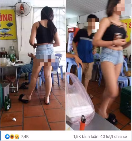 Một cô gái trẻ khác cũng từng là đề tài bàn tán của nhiều người. Phục vụ tại quán ăn, cô nàng chọn chiếc áo hai dây kết hợp với quần siêu ngắn. Hậu quả là, mẫu quần thời thượng trở thành món đồ “phản chủ”, khiến cô hớ hênh trước mặt người khác. Không những vậy, chiếc áo hai dây cũng quá ngắn.