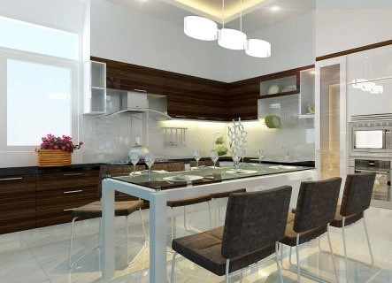 Phòng bếp và bàn ăn lung linh bởi nội thất sử dụng vật liệu kính trong suốt là chủ yếu.