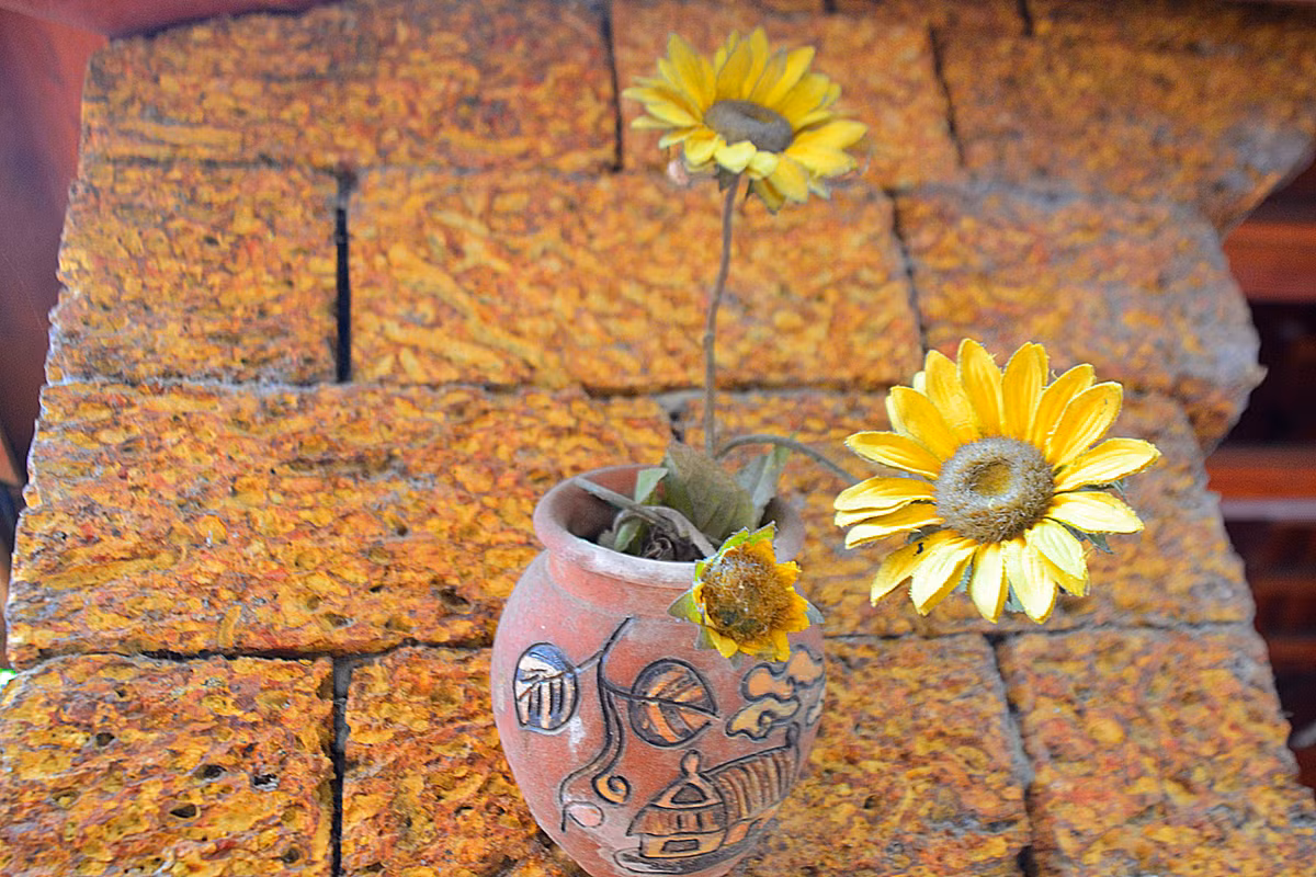 Trên tường có gắn các bình gốm để trồng hoa.