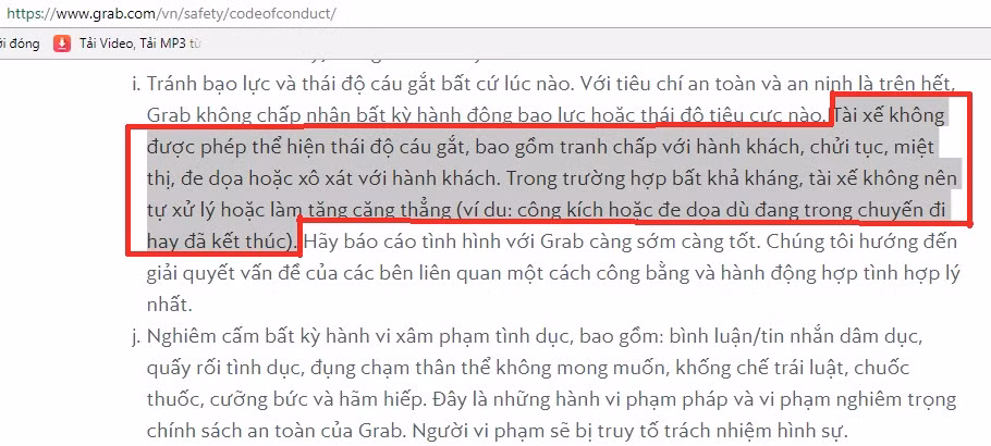 Quy tắc ứng xử của Grab nêu rõ, tài xế không được phép thể hiện thái độ cáu gắt với khách hàng. Ảnh chụp màn hình: www.grab.com.