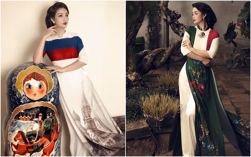 Theo đó, những trang phục áo dài Mai Thu Huyền làm mẫu được thiết kế khéo léo và in hình quốc kỳ của 16 quốc gia có mối quan hệ tốt đẹp với Việt Nam.