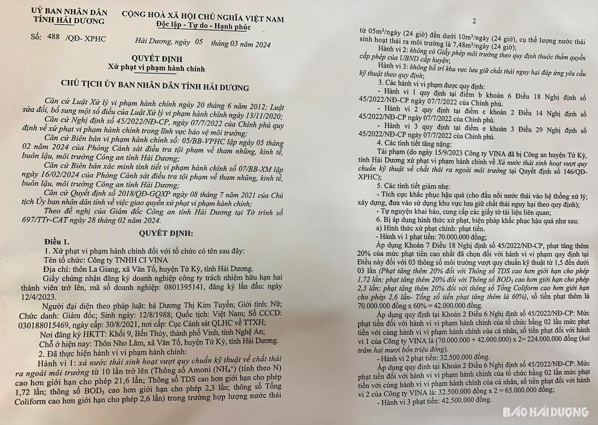 Chủ Vina xả thải vượt chuẩn “ăn” phạt gần 400 triệu là ai? - Hình 2 Chu Vina xa thai vuot chuan “an” phat gan 400 trieu la ai?-Hinh-2